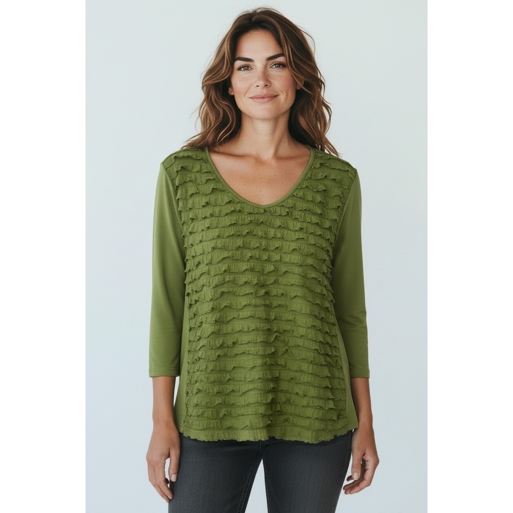 Valentina Womens Olive Green Ruffle Front 3/4 Sleeve V-Neck Blouse Top Size L